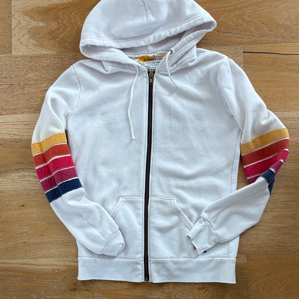 Aviator Nation White Hoodie with Multicolor Stripes
